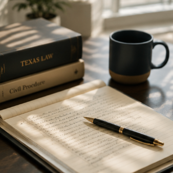 Legal research materials, law books, and handwritten notes