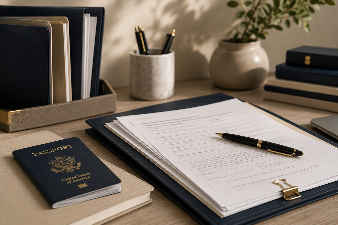 Passport and immigration filing documents on a desk
