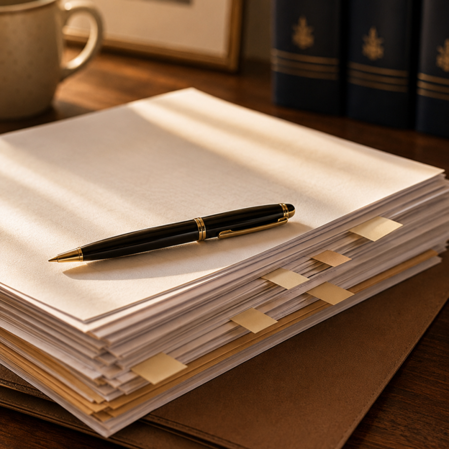 Organized legal documents being prepared for review and summary