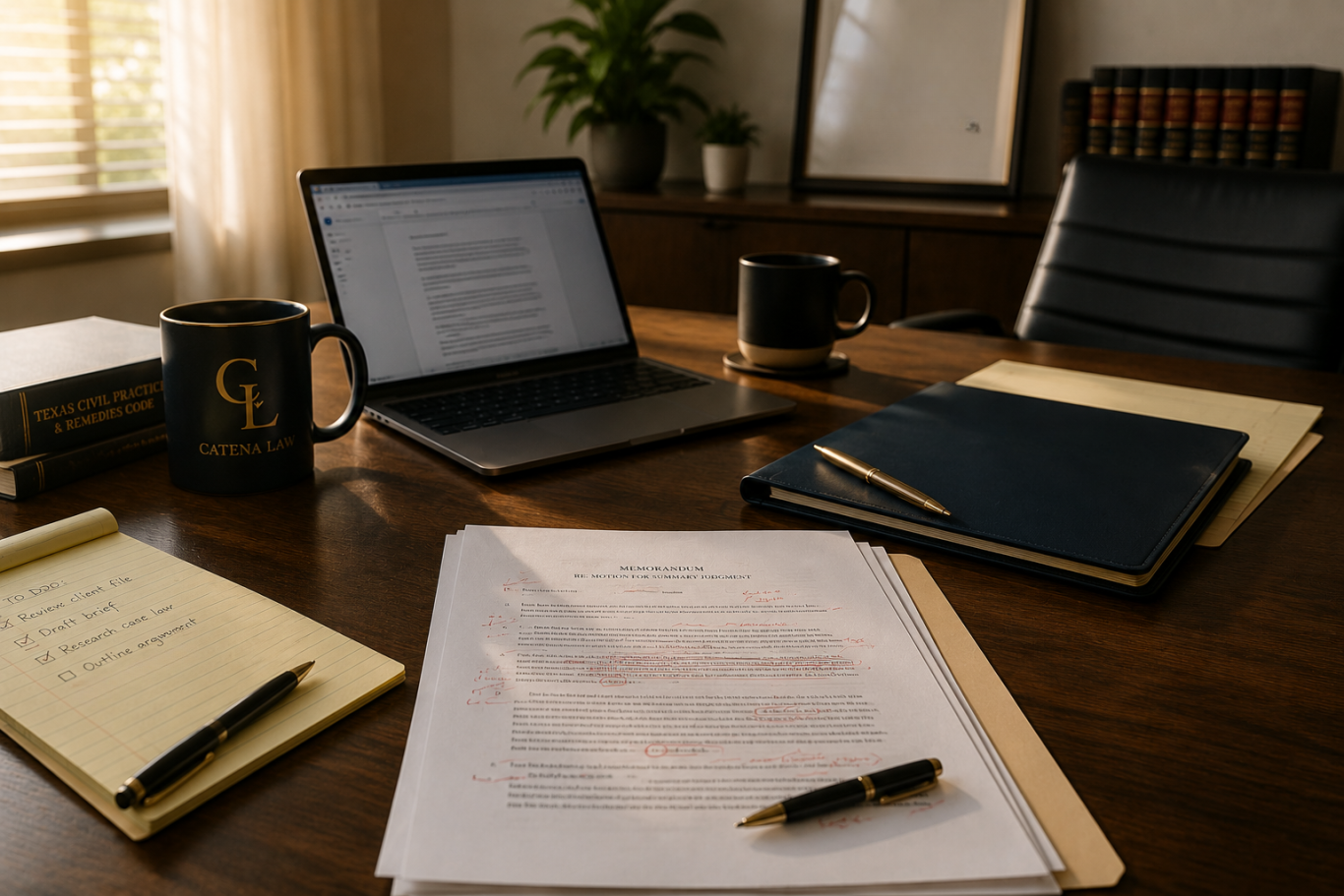 Laptop, legal pad, books, and pen arranged for legal research and drafting
