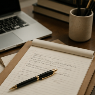 Laptop, legal pad, and pen arranged for legal drafting